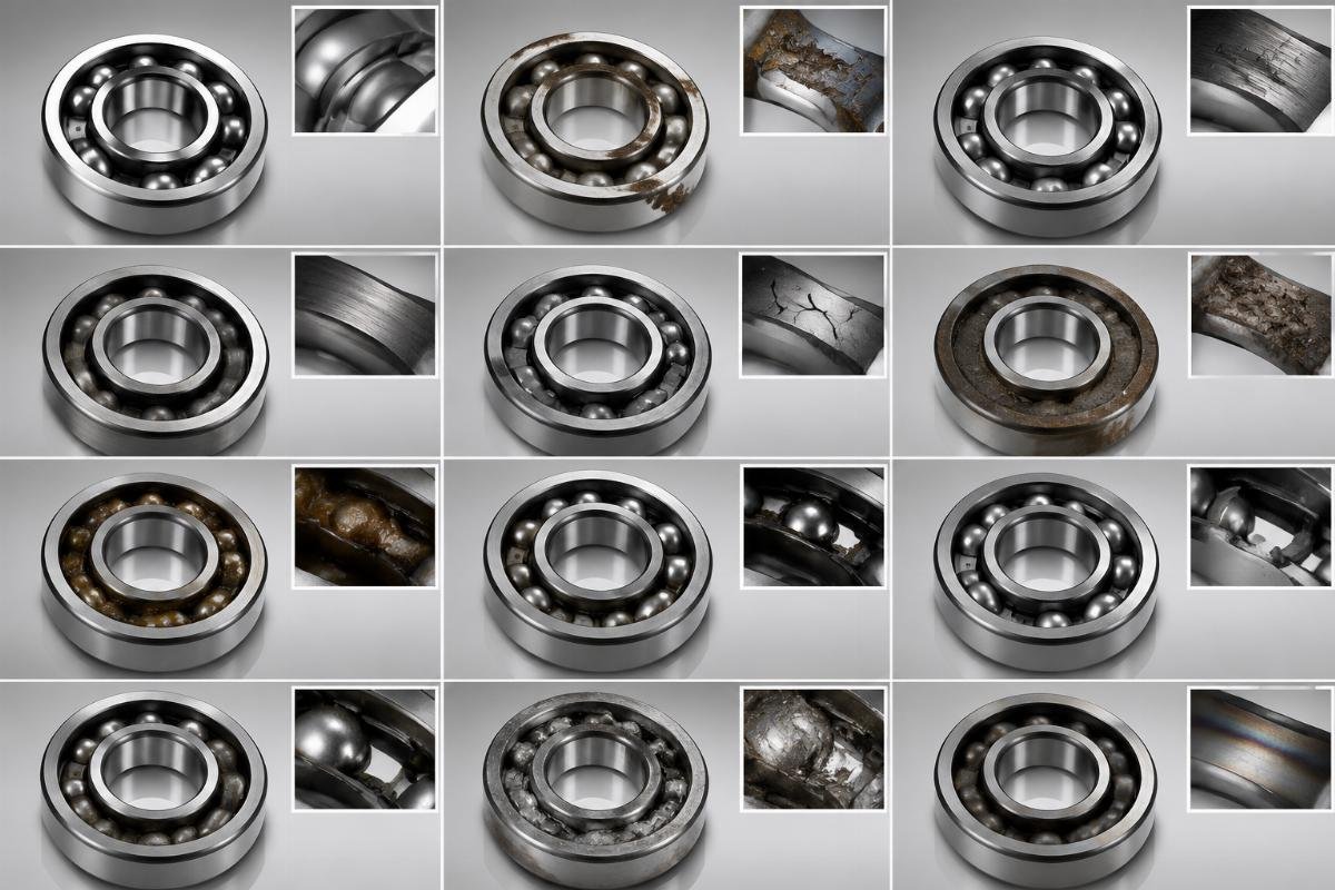 Common bearing failure modes with visual identifiers and root cause analysis