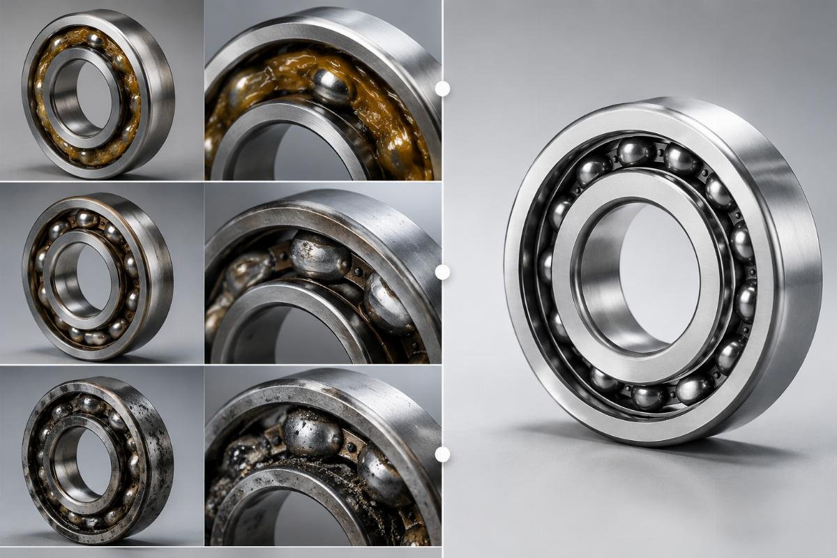 Bearing failure comparison showing lubrication-related damage vs properly lubricated bearing
