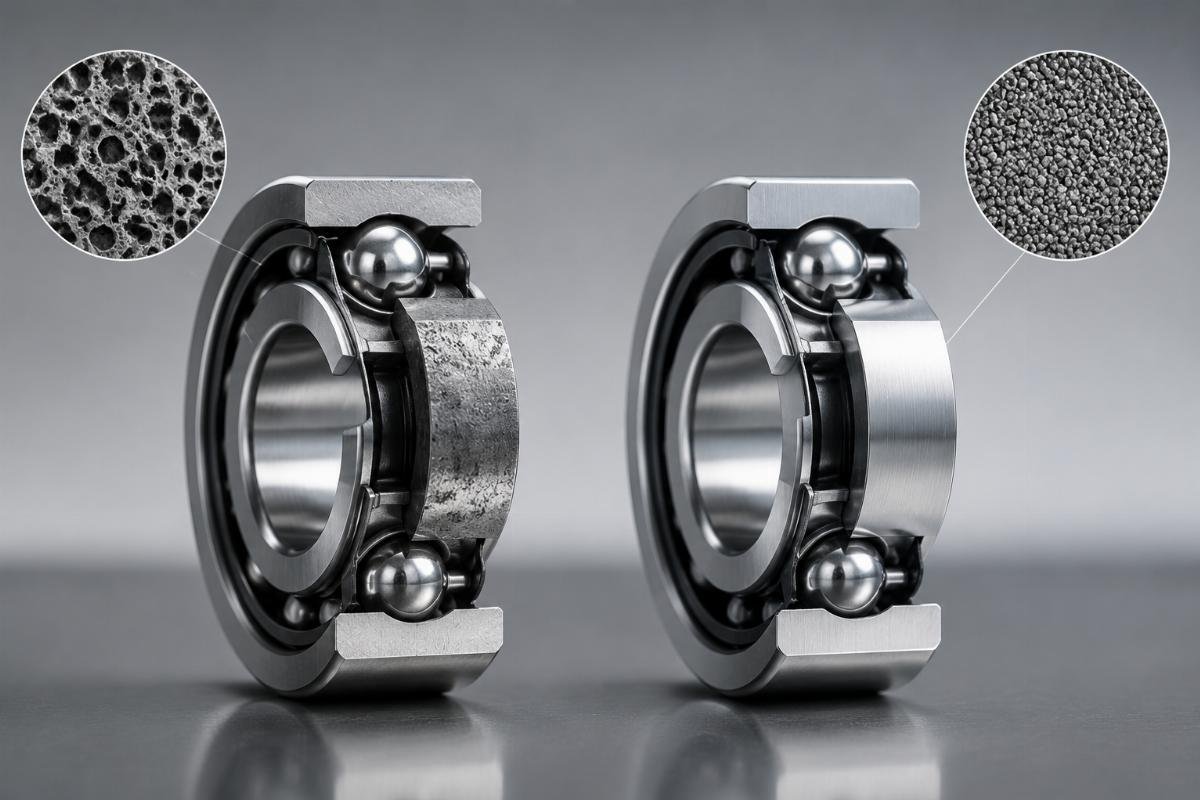 Material quality comparison between standard and IATF 16949 certified bearings Cross-section comparison of ISO 9001 only vs. ISO+IATF 16949 certified bearings showing material density differences