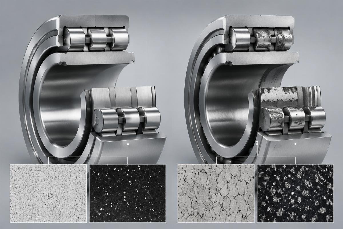 Metallurgical comparison showing microstructural differences between certified sample and non-compliant bulk bearing