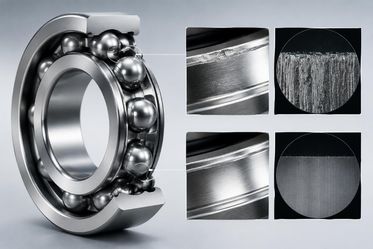 Microscopic analysis showing premature wear in over-specified P4 bearings vs. optimal P5 performance Bearing Failure Analysis Comparison