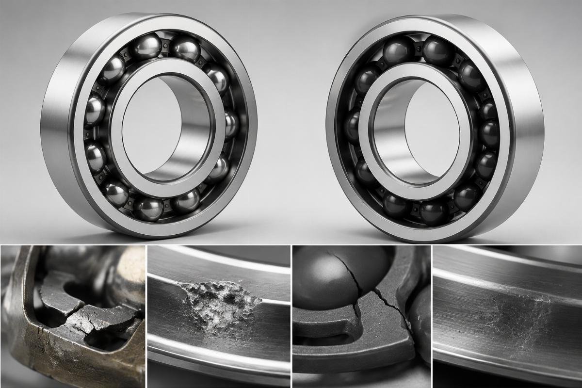Microscopic images showing cage fracture and raceway spalling in standard vs. hybrid ceramic bearings Bearing Failure Comparison Micrographs