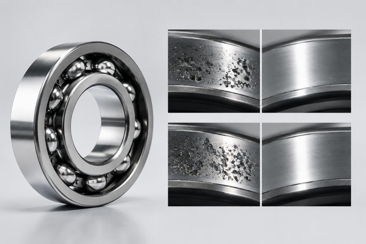 Microscopic images showing pitting development in failed vs. passing bearing samples after accelerated testing