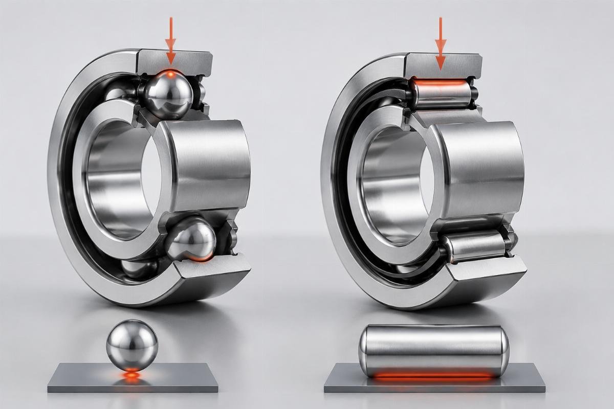 Point contact vs line contact bearing designs and their load distribution characteristics Bearing Contact Comparison Diagram