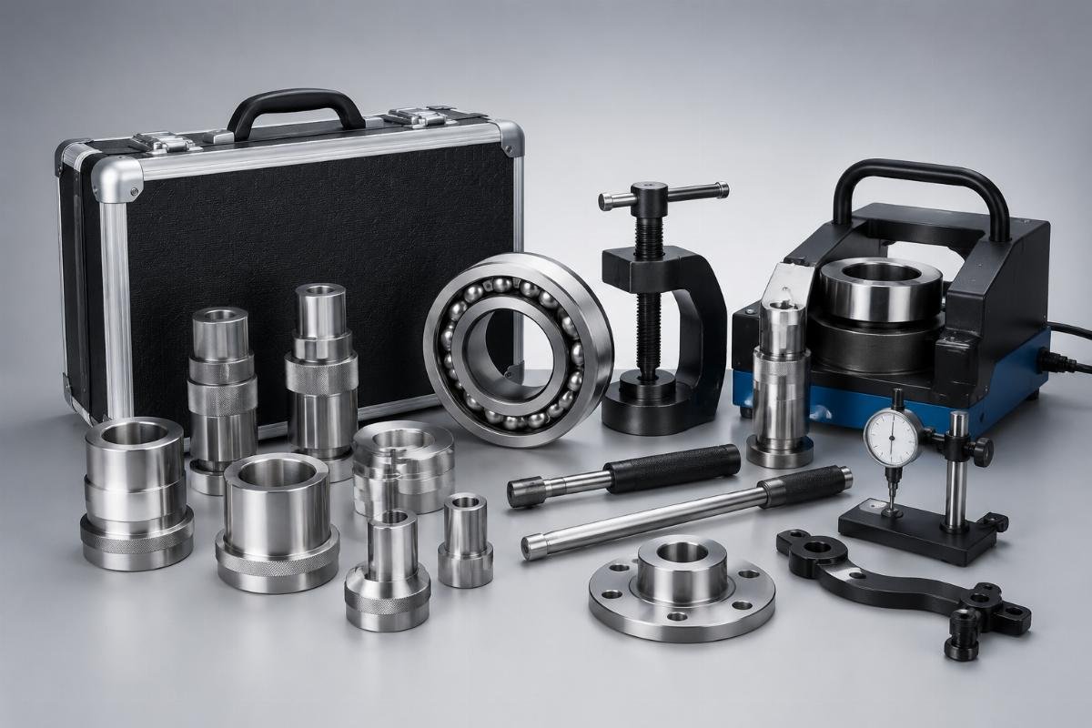 Specialized installation tools including hydraulic press adapters, dial indicators, and bearing heaters Specialized installation tools including hydraulic press adapters, dial indicators, and bearing heaters