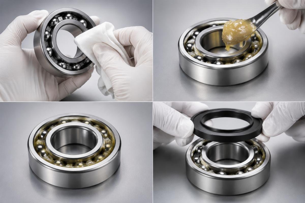 Bearing lubrication procedure showing cleaning, grease application, and seal installation steps