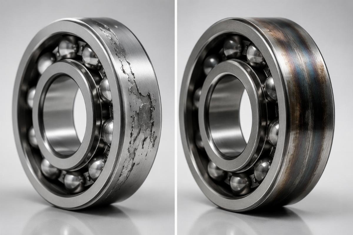 Visual comparison of fatigue spalling (left) showing characteristic flaking and lubrication failure (right) with discoloration and wear patterns